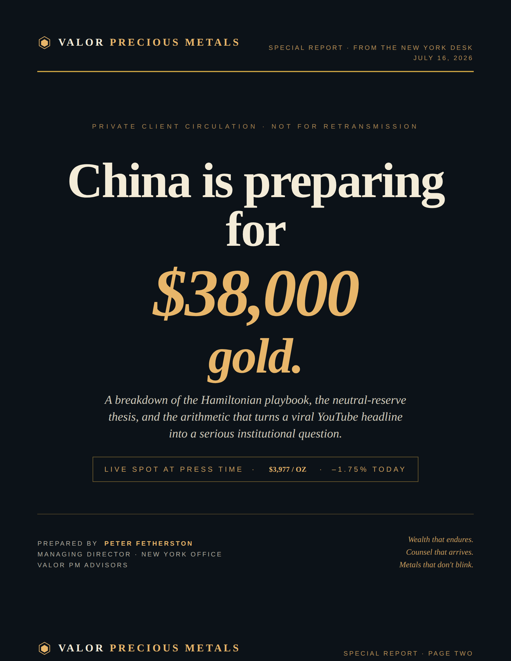 Valor Special Report cover — China is preparing for $38,000 gold